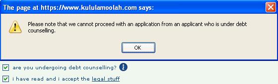 Debt counselling message when applying for Kulula credit card