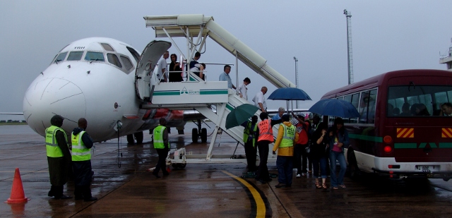 disembarking from a 1time plane at Livingstone Airport