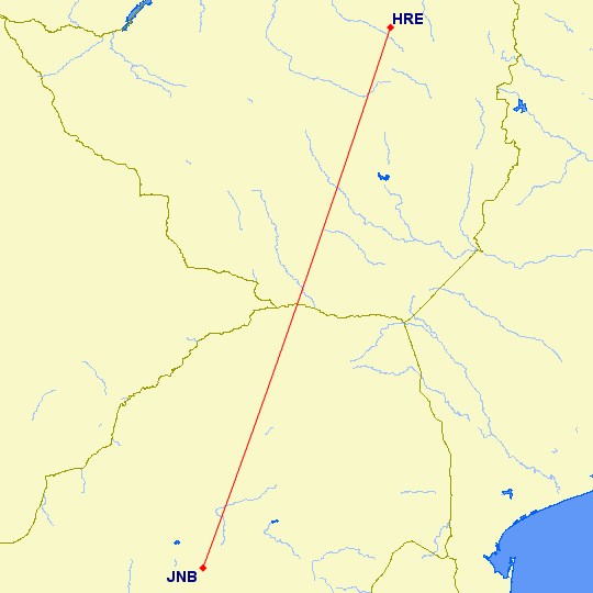 flight path from Johannesburg to Harare (Zimbabwe)