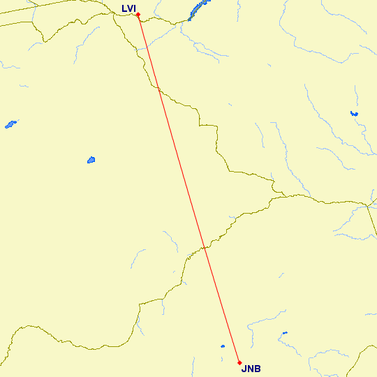 flight path from Johannesburg to Livingstone, Zambia