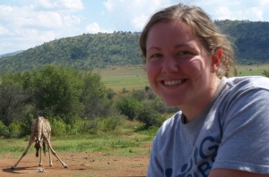 LJ with  Giraffe in the background 