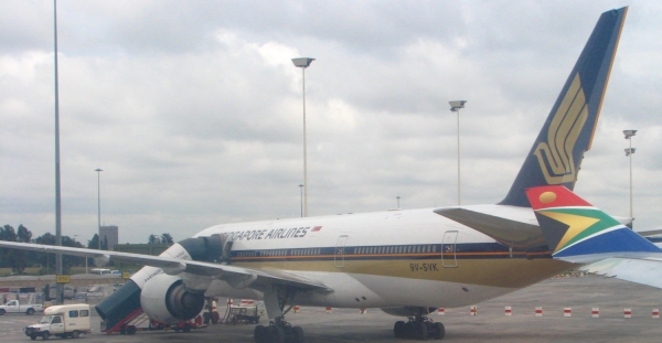 Singapore Airlines plane parked at O.R. Tambo International Airport