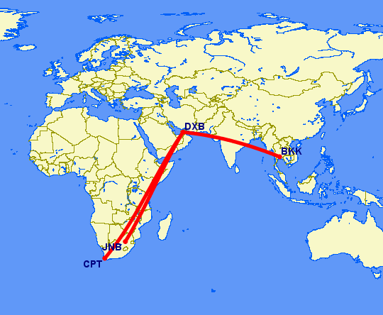 Flight path from Johannesburg, Cape Town to Bangkok