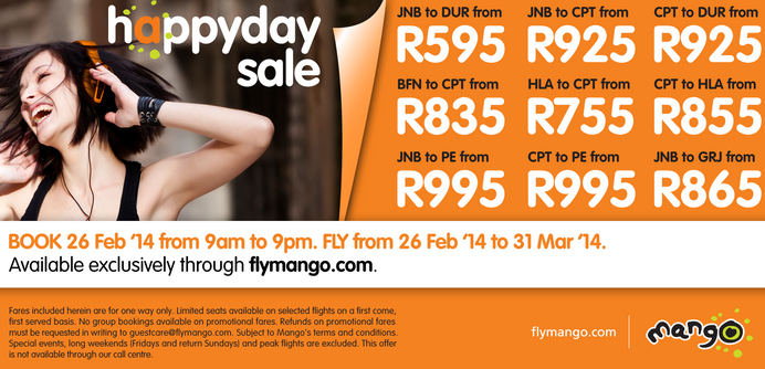 Lady listening to music, Mango Airlines Happy Day Sale.