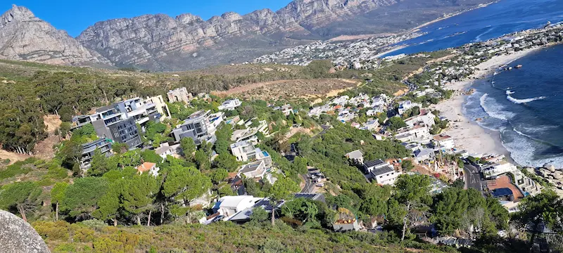 A view of the entire suburb of Clifton, Cape Town, from Nettleton Drive down to the beaches, with Table Mountain and the Twelve Apostles in the background