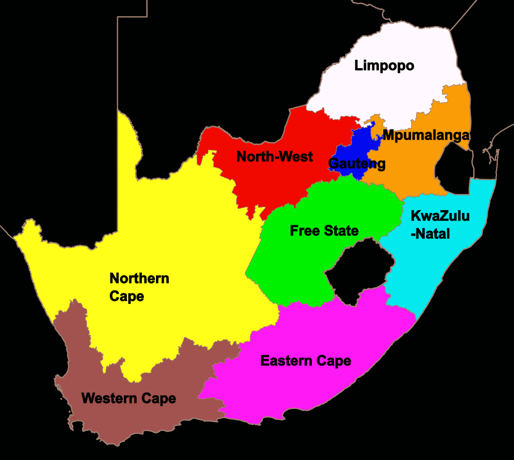 Map of South African Provinces with brightly contrasting colours