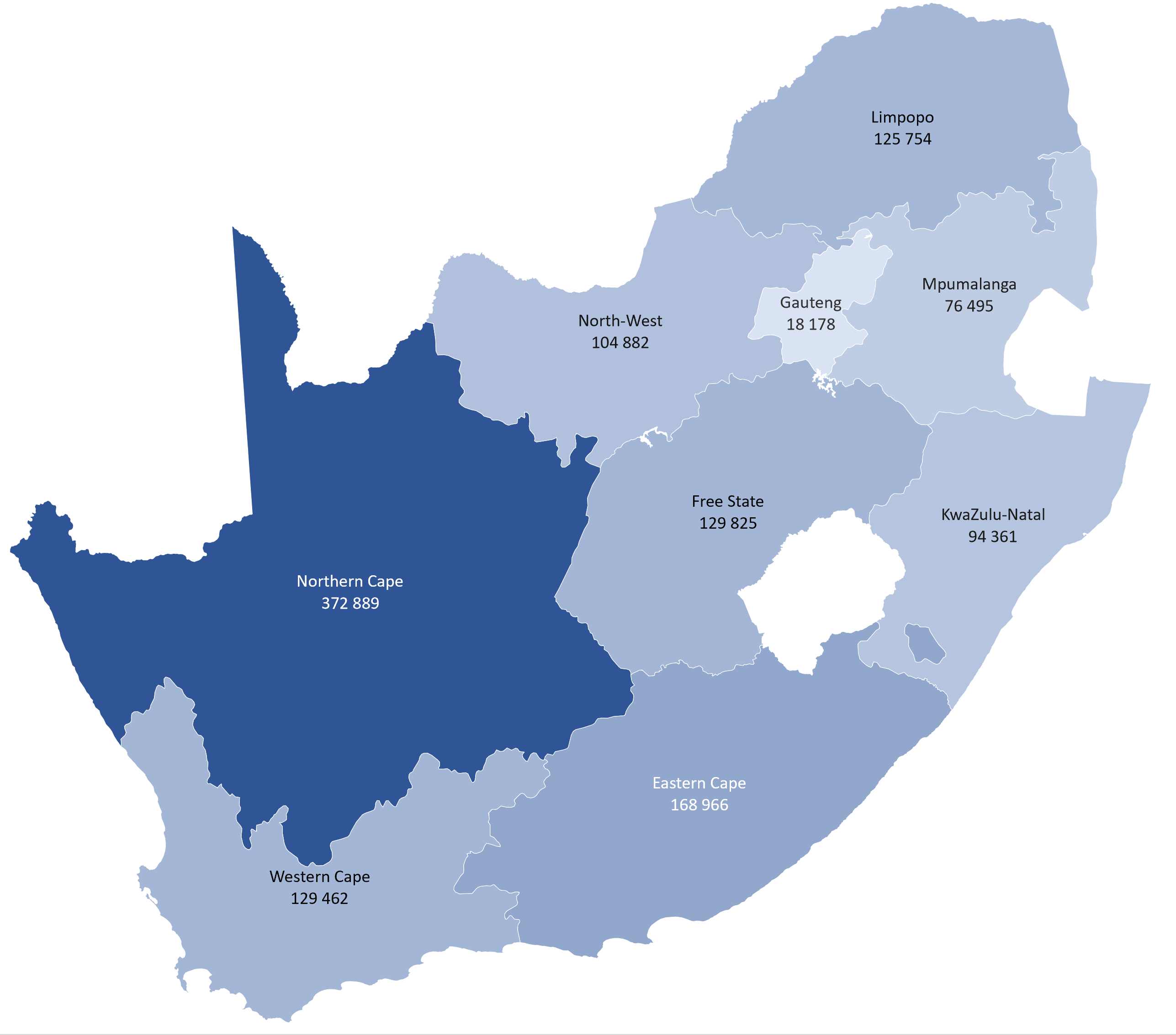 Map of South Africa with Provinces and their areas