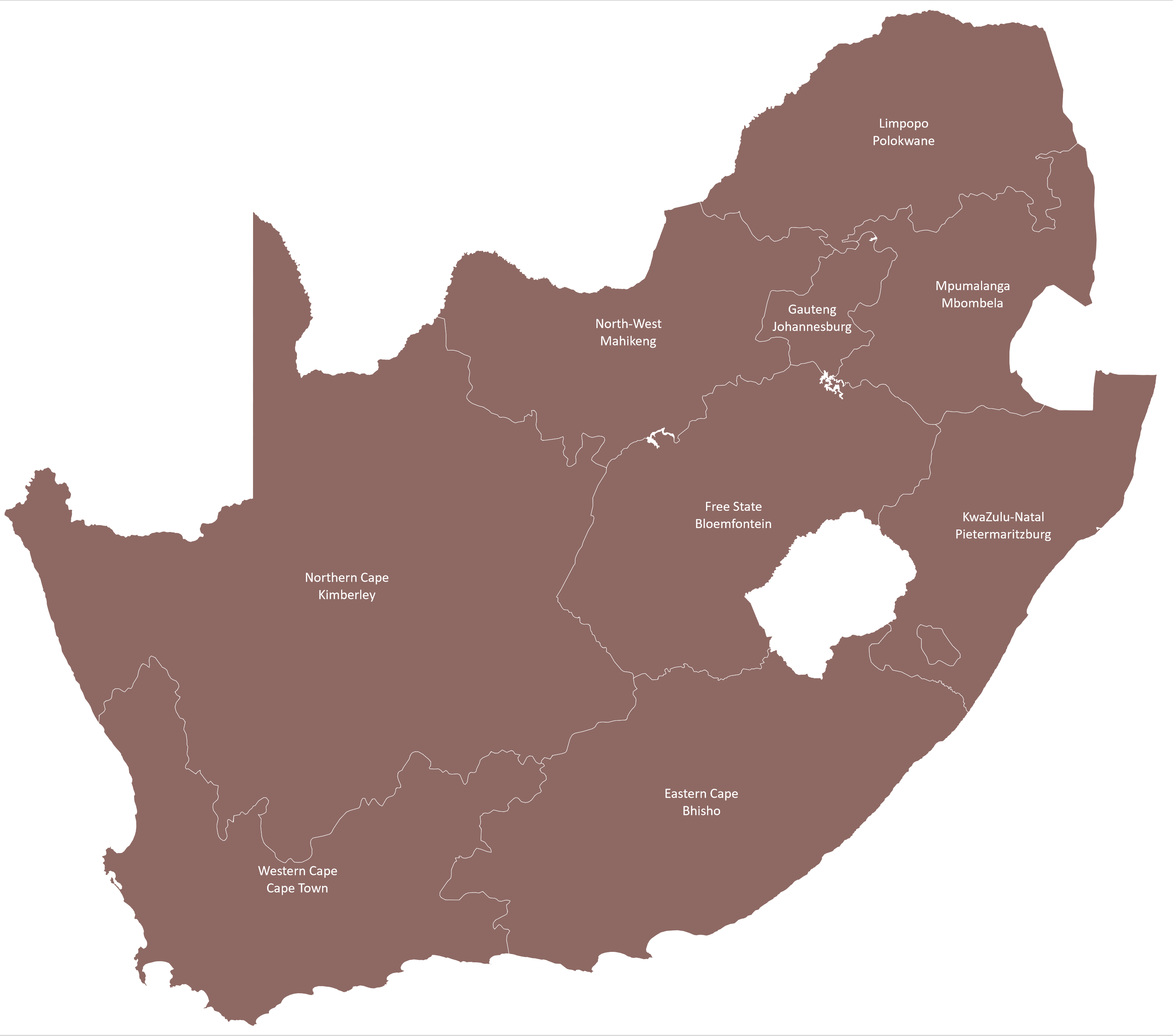 Map of South Africa with its provinces and their capital cities