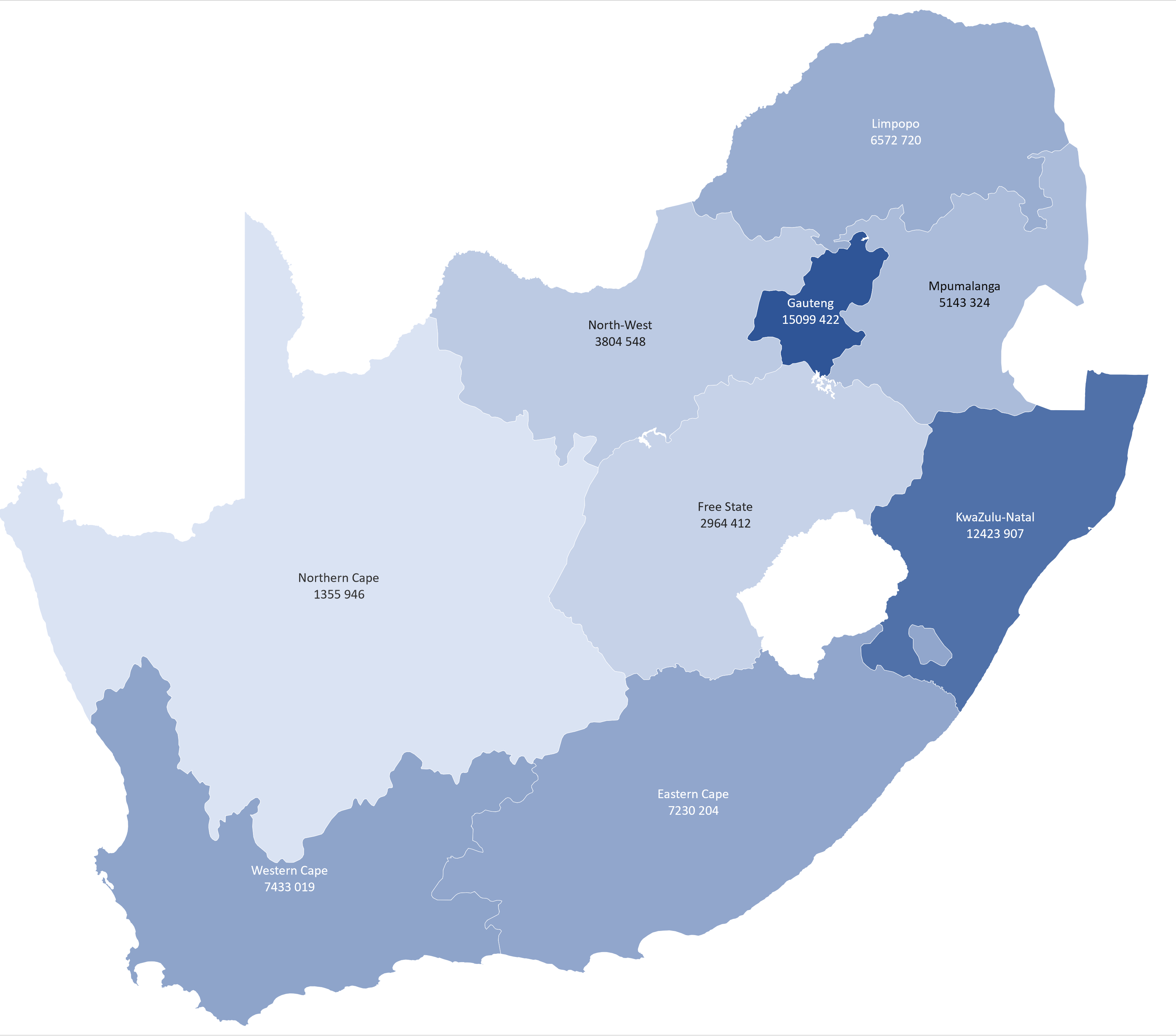 Map of South Africa with provinces and their population numbers