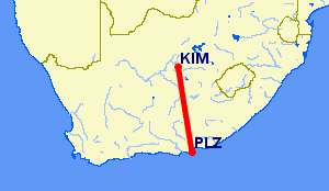 flight path from Port Elizabeth to Kimberley