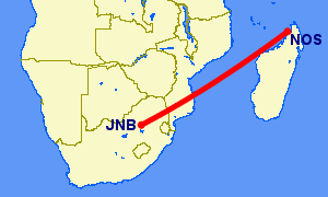 Direct flight path from Johannesburg to Nosy Be