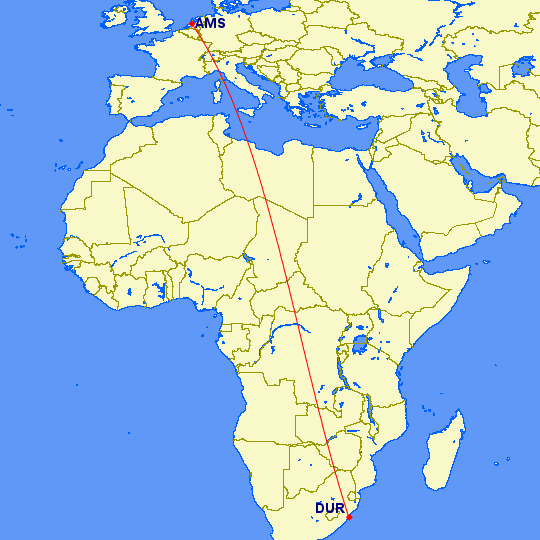 shortest flight path from Durban to Amsterdam Schipol