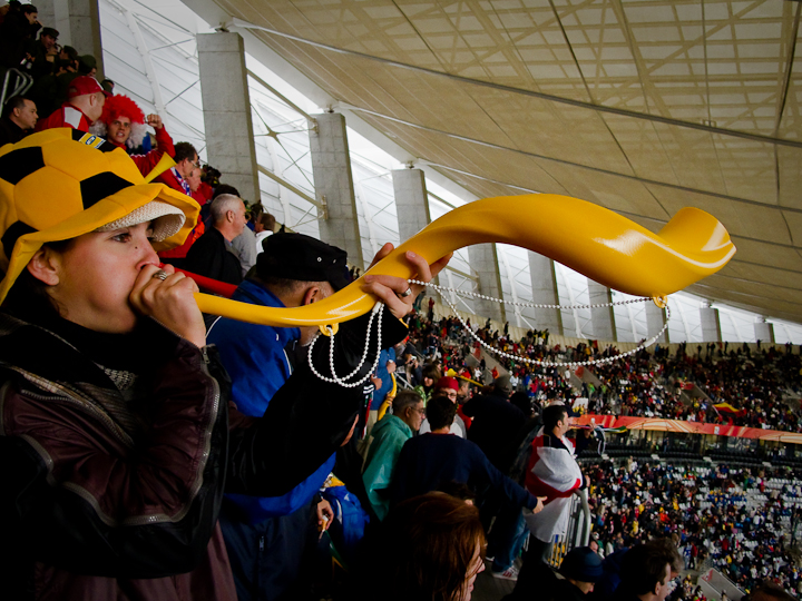 blowing a kuduzela at Cape Town Stadium, South Africa
