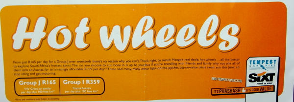 Mango Sixt & Tempest car hire flyer