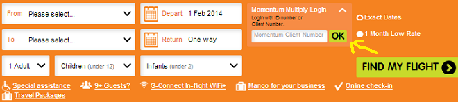 Momentum Multiply login on Mango Airline's website