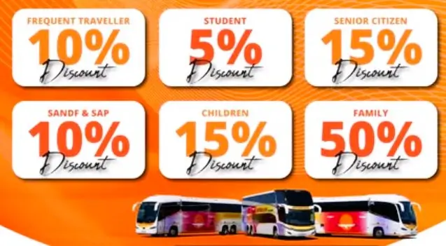 Intercape specials - frequent traveller, student, senior citizen (pensioner), SANDF and SAP, children and family discounts
