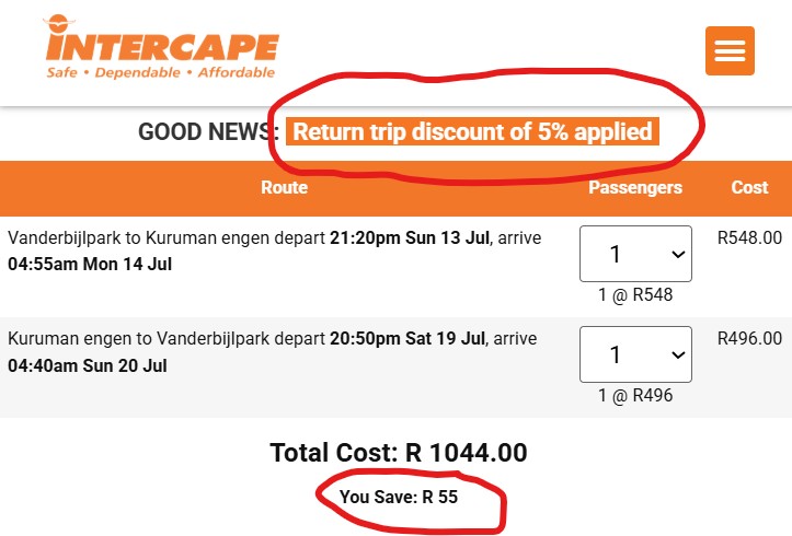 Intercape return trip discount of 5 percent applied