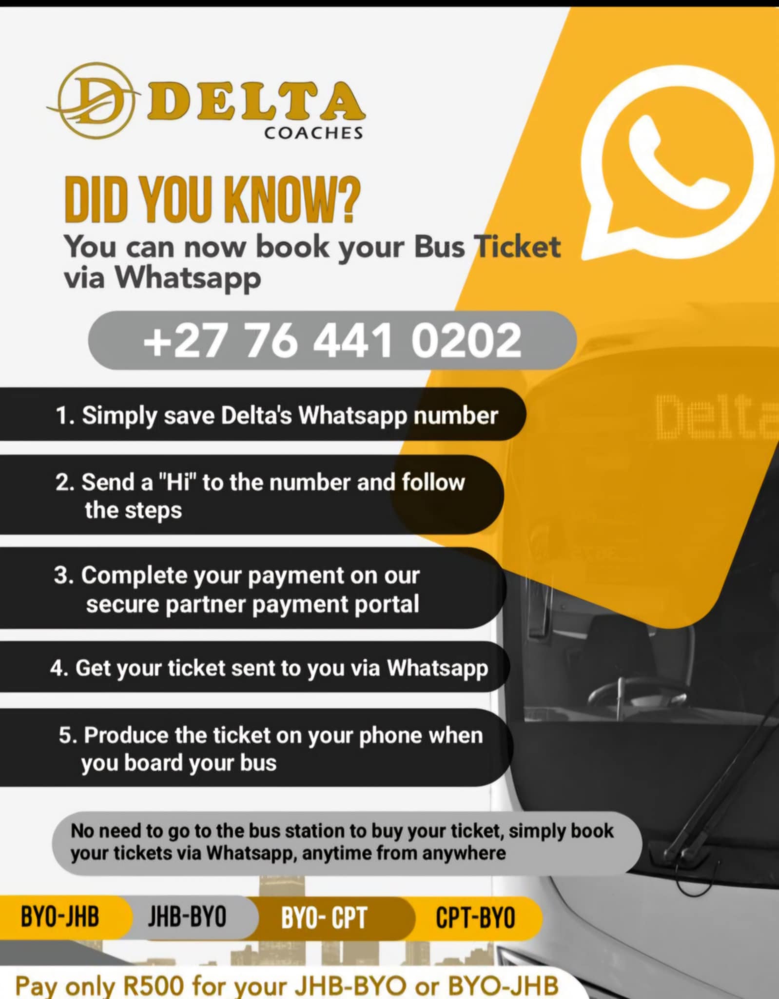 Delta coaches WhatsApp bookings