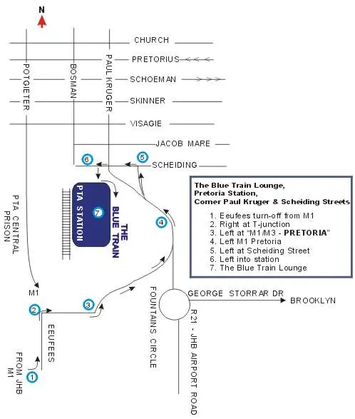 Map indicating the location of The Blue Train Lounge at Pretoria Station