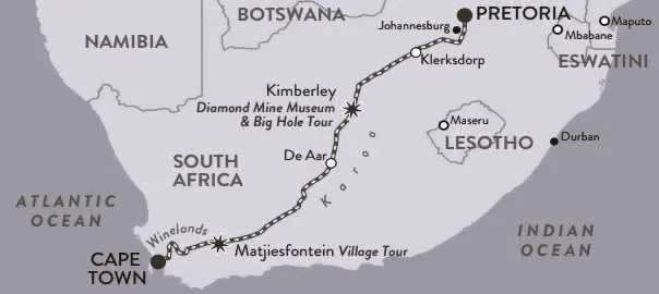 Map of luxury train route from Pretoria to Cape Town