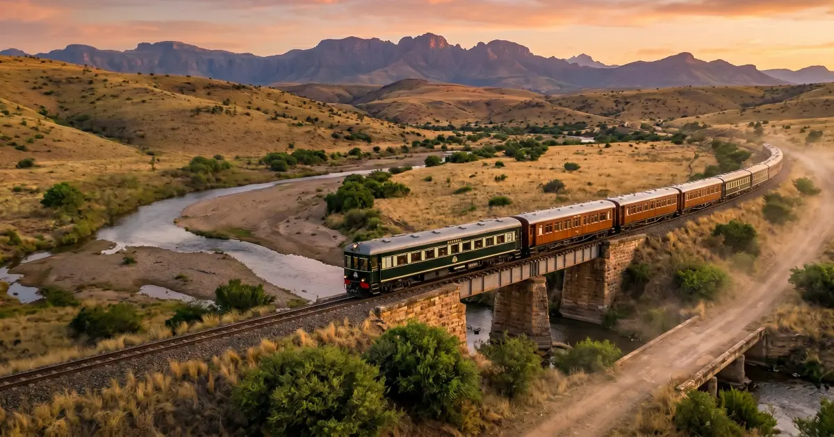 Luxury Rovos rail train about to cross a small bridge