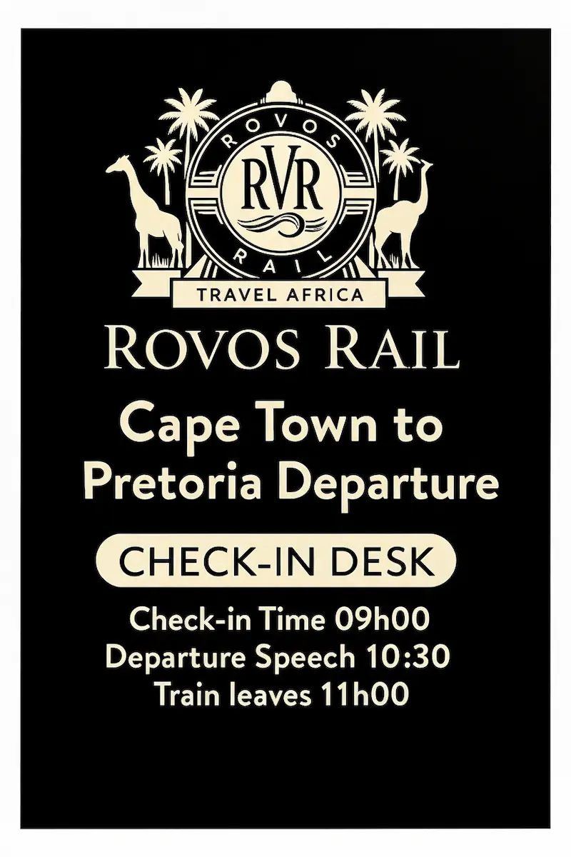 ROVOS RAIL. Cape Town to Pretoria Departure. Check-in Time 09h00. Departure Speech 10h30. Train leaves 11h00