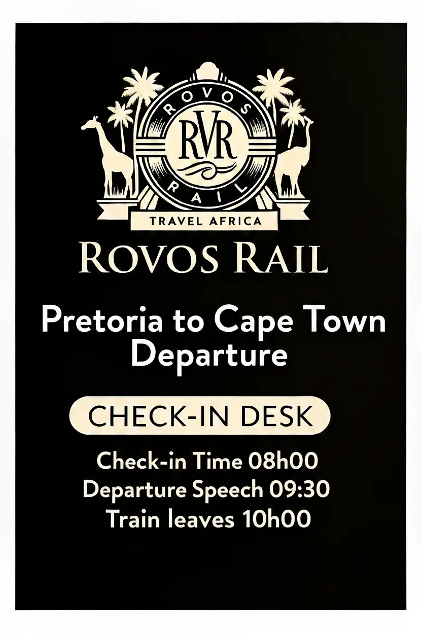 Sign for ROVOS RAIL Pretoria to Cape Town Departure CHECK-IN DESK. Check-in Time 08h00. Departure Speech 09h30. Train leaves 10h00