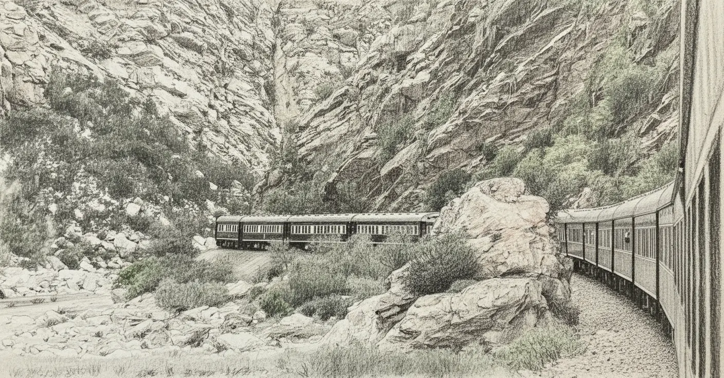 Pencil drawing of a Rovos Rail train winding through the Hex River Valley