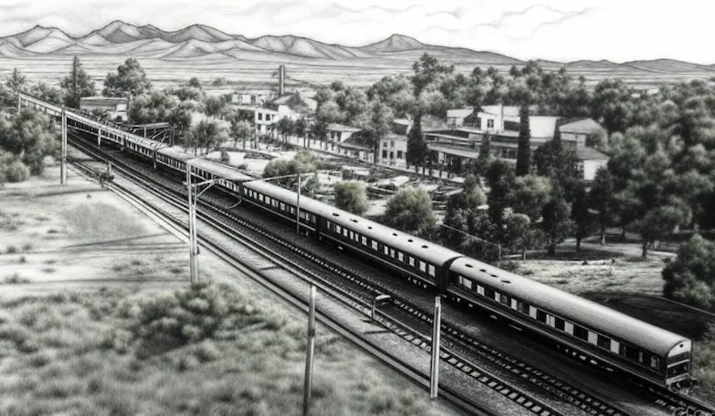 Pencil impression of Matjiesfonitein with the Rovos Rail train at the station