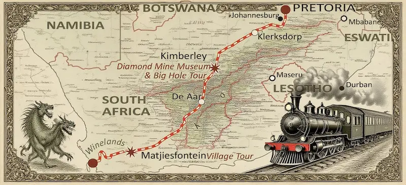 Explorer style map of the Rovos Rail route from Cape Town to Pretoria with stops at Matjiesfontein and Kimberley