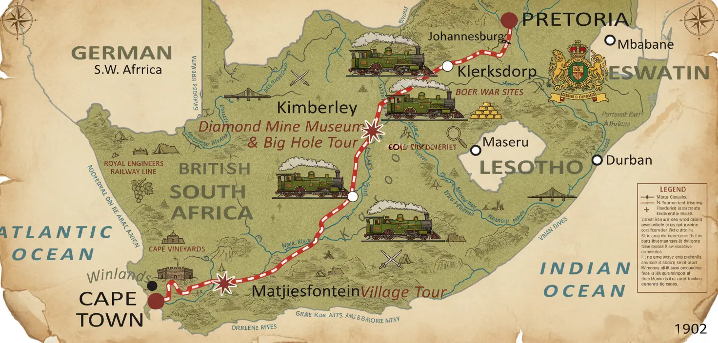 Ancient style map of Rovos Rail route from Pretoria to Cape Town