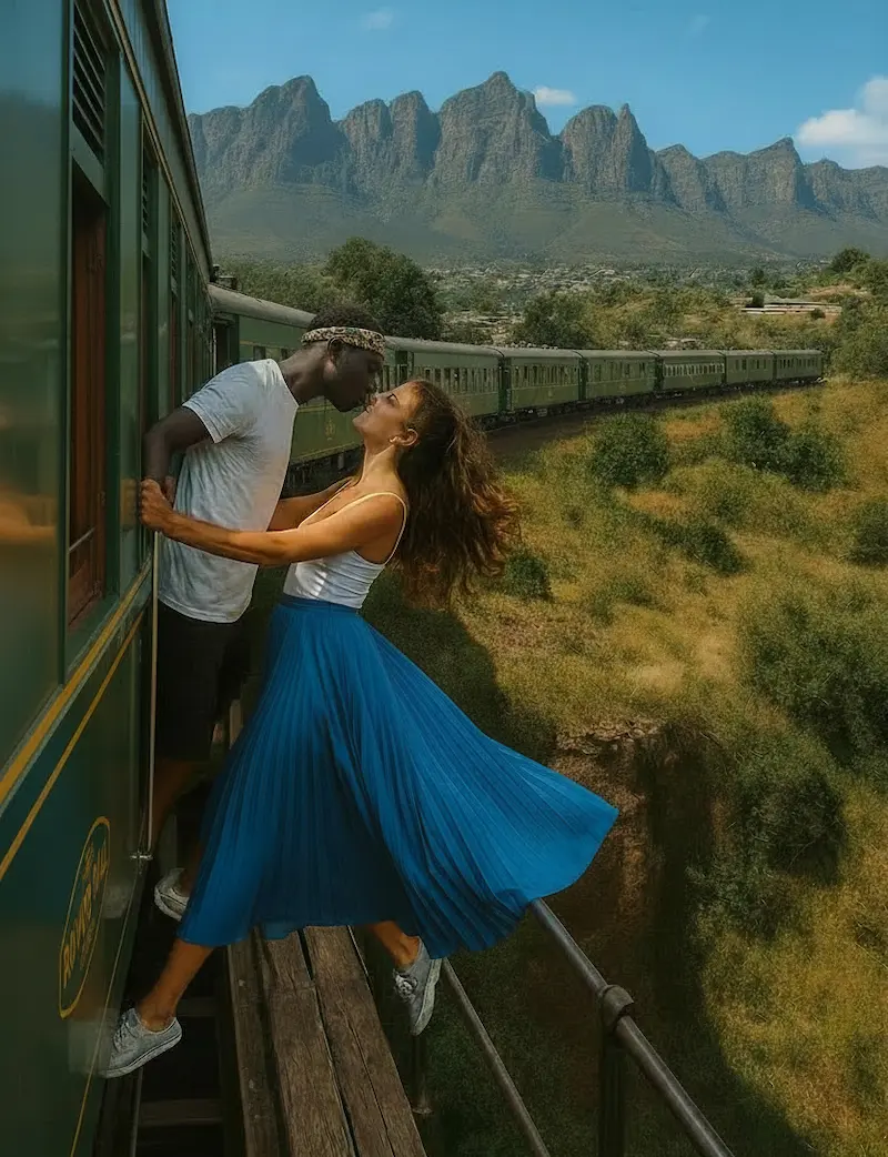 Couple kissing outside a classic Rovos Rail Luxury Train carriage