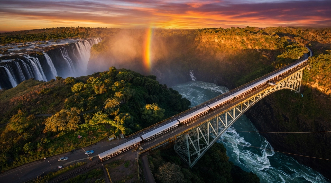 Rovos Rail train going over the railway bridge at Victoria Falls at sunset with a rainbow