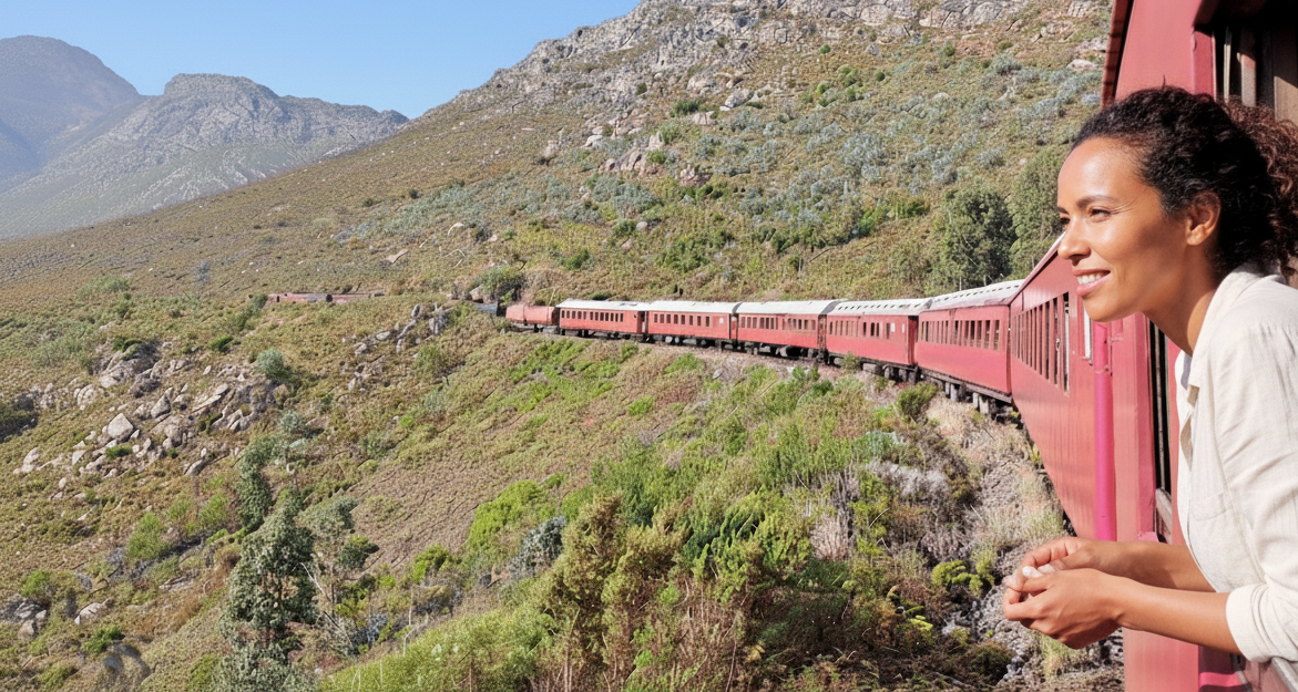 Lady looking out of the window of a Ceres Rail train as it travels over Sir Lawrys Pass