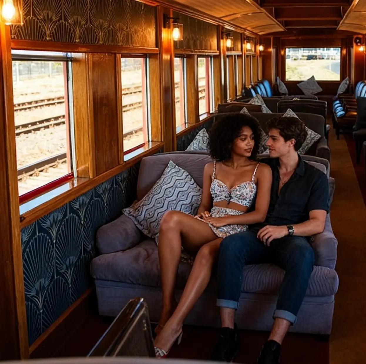 Couple sitting in the observation car of a Ceres Rail train