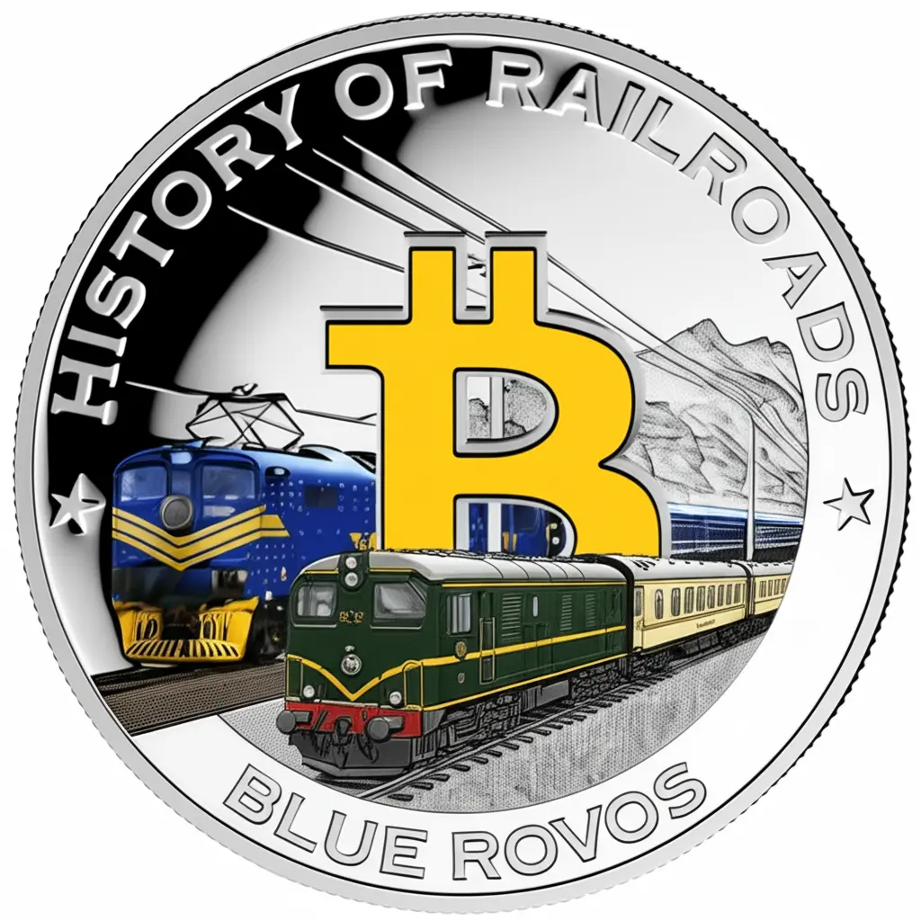 A Bitcoin with an image of The Blue Train and Rovos Rail