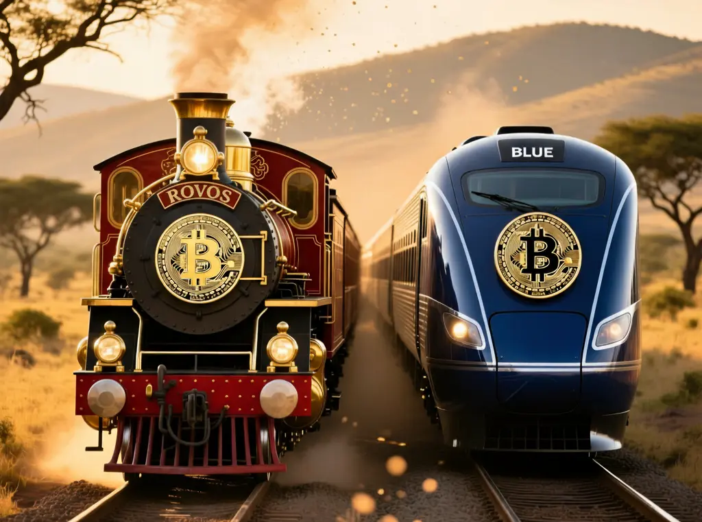 Rovos Rail and Blue Train locomotive with Bitcoin signs on their front