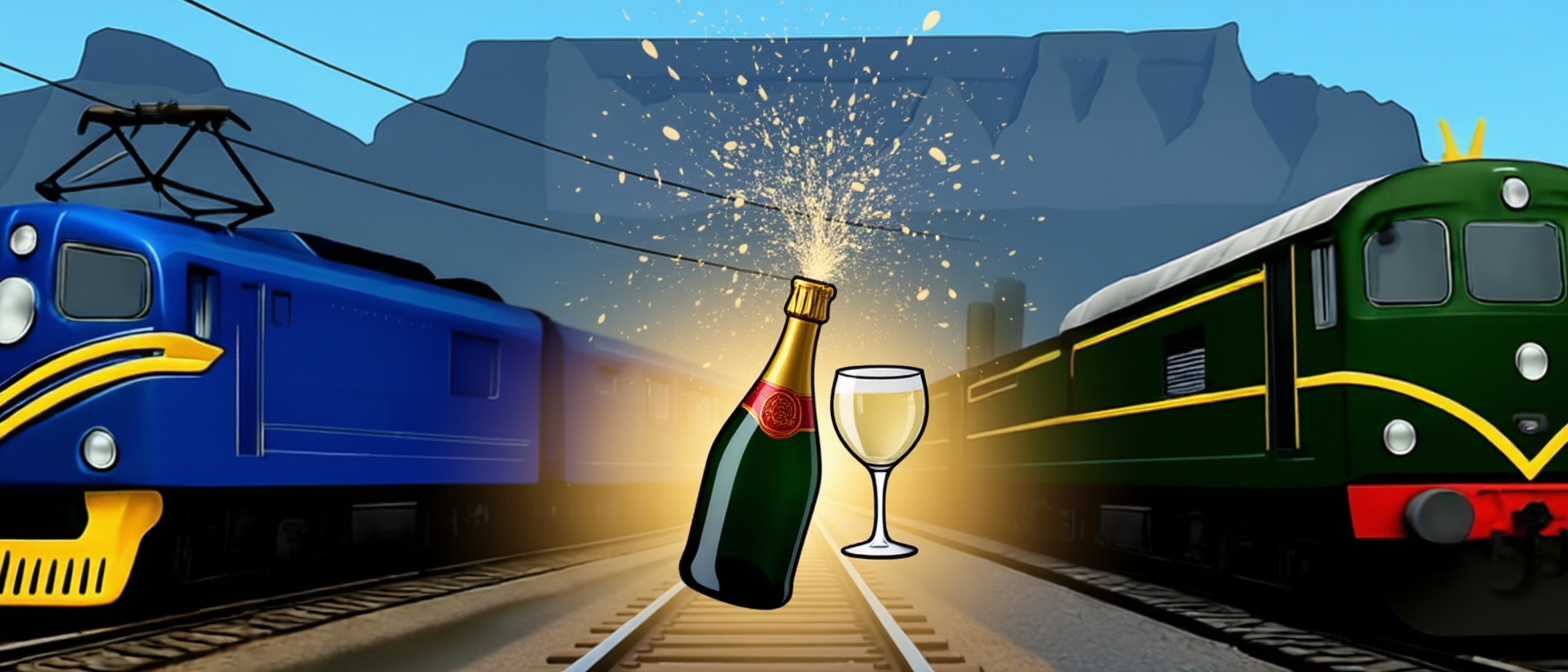 Rovos Rail and Blue Train with champagne bottle
